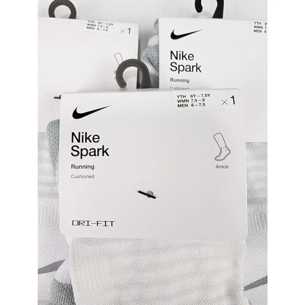 Nike Spark White Ankle Running Socks 3 Pair Bundle - W7.5-9 - M6-7.5